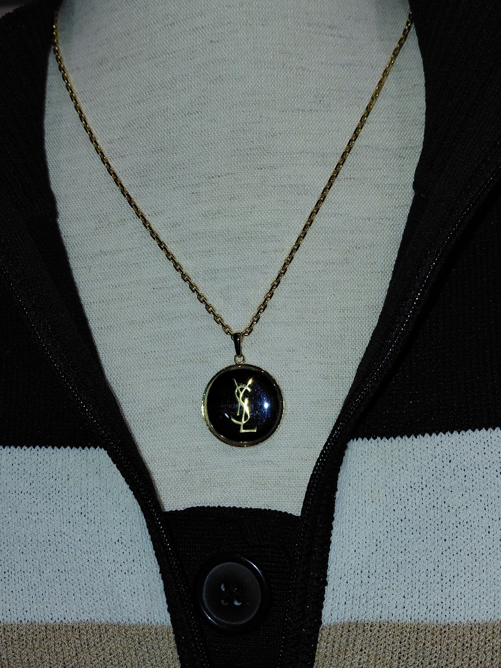 Vtg Yves Saint Laurent Gold-Tone Black Logo Pendant Necklace